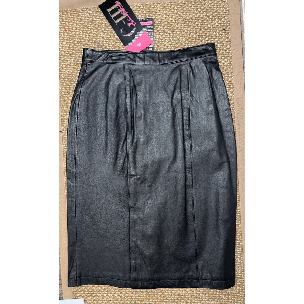 G-III Vintage 80s Black Leather Pencil Skirt Lined Deadstock Womens Size 9/10